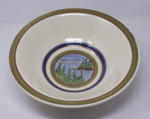 Interior of Ceramic serving bowl with hand painted Canadian Landscape 