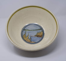 Load image into Gallery viewer, Interior view of Handmade and hand painted Ceramic Slipware Serving Bowl 31 cm x 31 cm x 11 cm With exterior panel paintings of a Canadian Landscapes, Northern Lake scenes with Blue banding green stripes decoration. by Sean Robinson Ceramics
