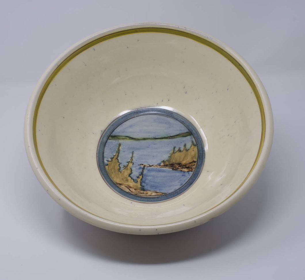 Interior view of Handmade and hand painted Ceramic Slipware Serving Bowl 31 cm x 31 cm x 11 cm With exterior panel paintings of a Canadian Landscapes, Northern Lake scenes with Blue banding green stripes decoration. by Sean Robinson Ceramics