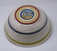 Load image into Gallery viewer, Bottom view of Handmade and hand painted Ceramic Slipware Serving Bowl 31 cm x 31 cm x 11 cm With exterior panel paintings of a Canadian Landscapes, Northern Lake scenes with Blue banding green stripes decoration. by Sean Robinson Ceramics
