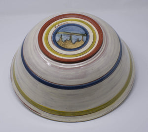 Bottom view of Handmade and hand painted Ceramic Slipware Serving Bowl 31 cm x 31 cm x 11 cm With exterior panel paintings of a Canadian Landscapes, Northern Lake scenes with Blue banding green stripes decoration. by Sean Robinson Ceramics