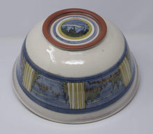 Load image into Gallery viewer, Bottom view of Handmade and hand painted Ceramic Slipware Serving Bowl 32 cm x 32 cm x 14 cm With exterior panel paintings of a Canadian Landscapes, Northern Lake scenes with Blue banding green stripes decoration.by Sean Robinson ceramics
