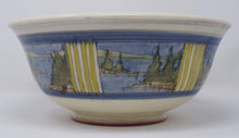 Load image into Gallery viewer, Side view of Handmade and hand painted Ceramic Slipware Serving Bowl 32 cm x 32 cm x 14 cm With exterior panel paintings of a Canadian Landscapes, Northern Lake scenes with Blue banding green stripes decoration. by Sean Robinson Ceramics
